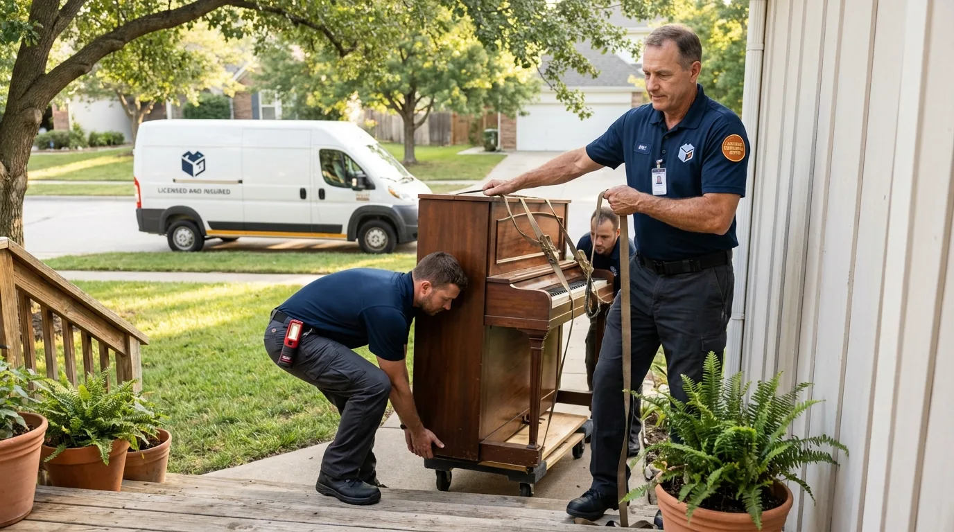Licensed piano movers securing grand piano in Wetumpka, AL