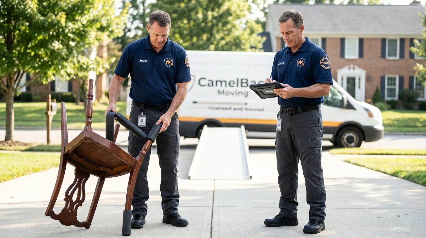 Movers inspecting furniture for damage prevention before loading in Wetumpka, AL